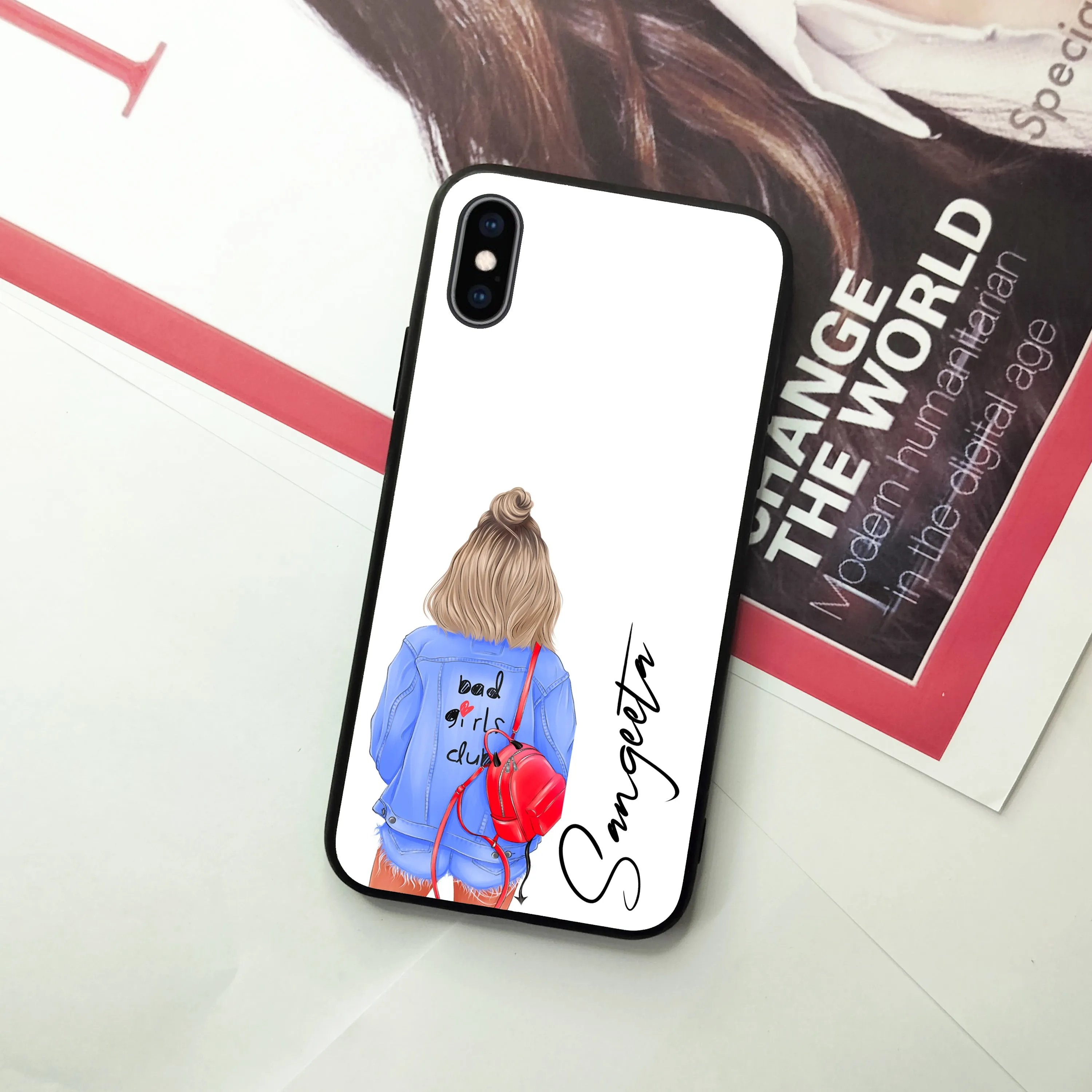 Bag Girl Customize Name Glass Case For iPhone