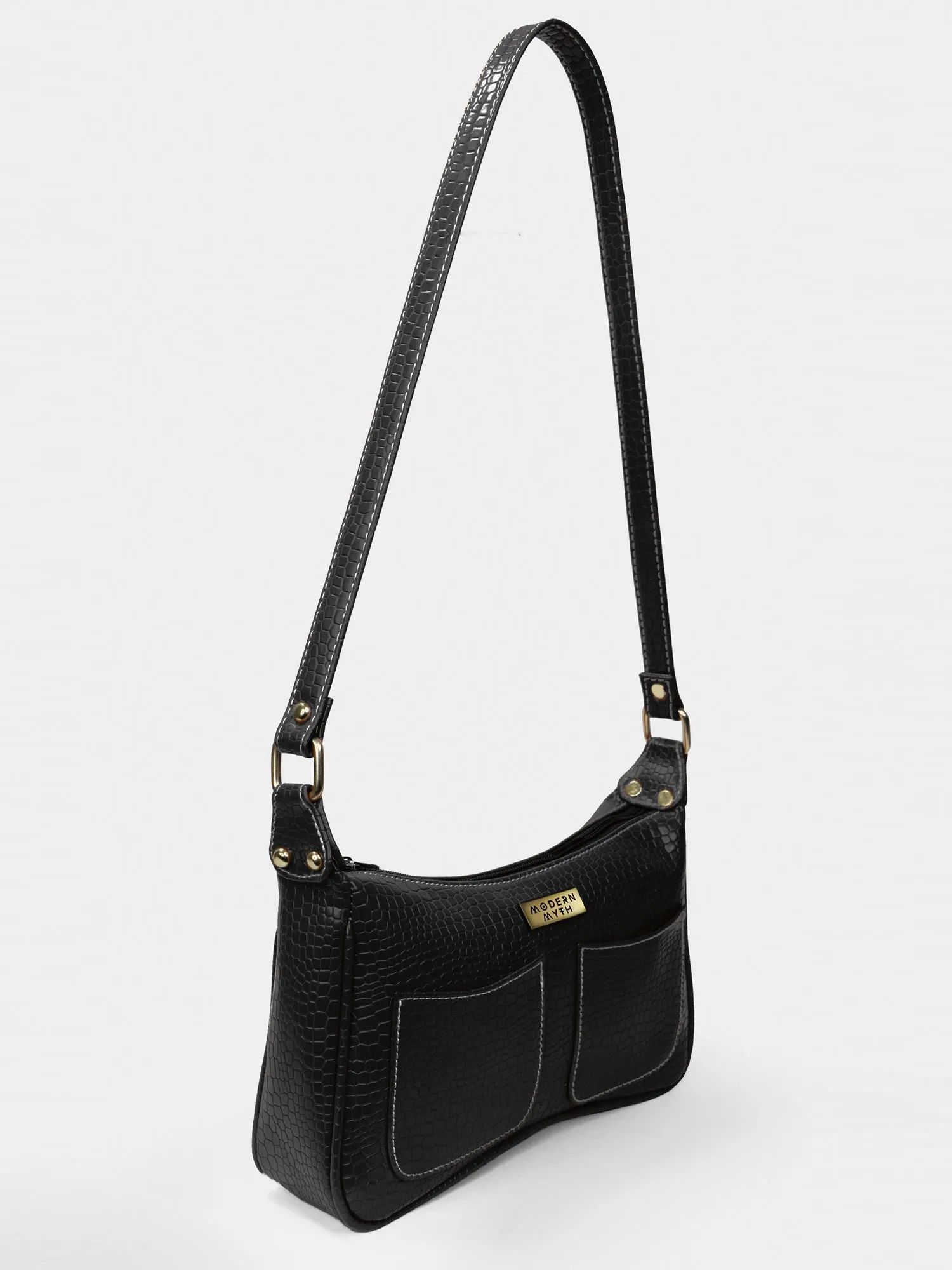 Black Retro Shoulder Baguette With Twin Pockets | Modern Myth