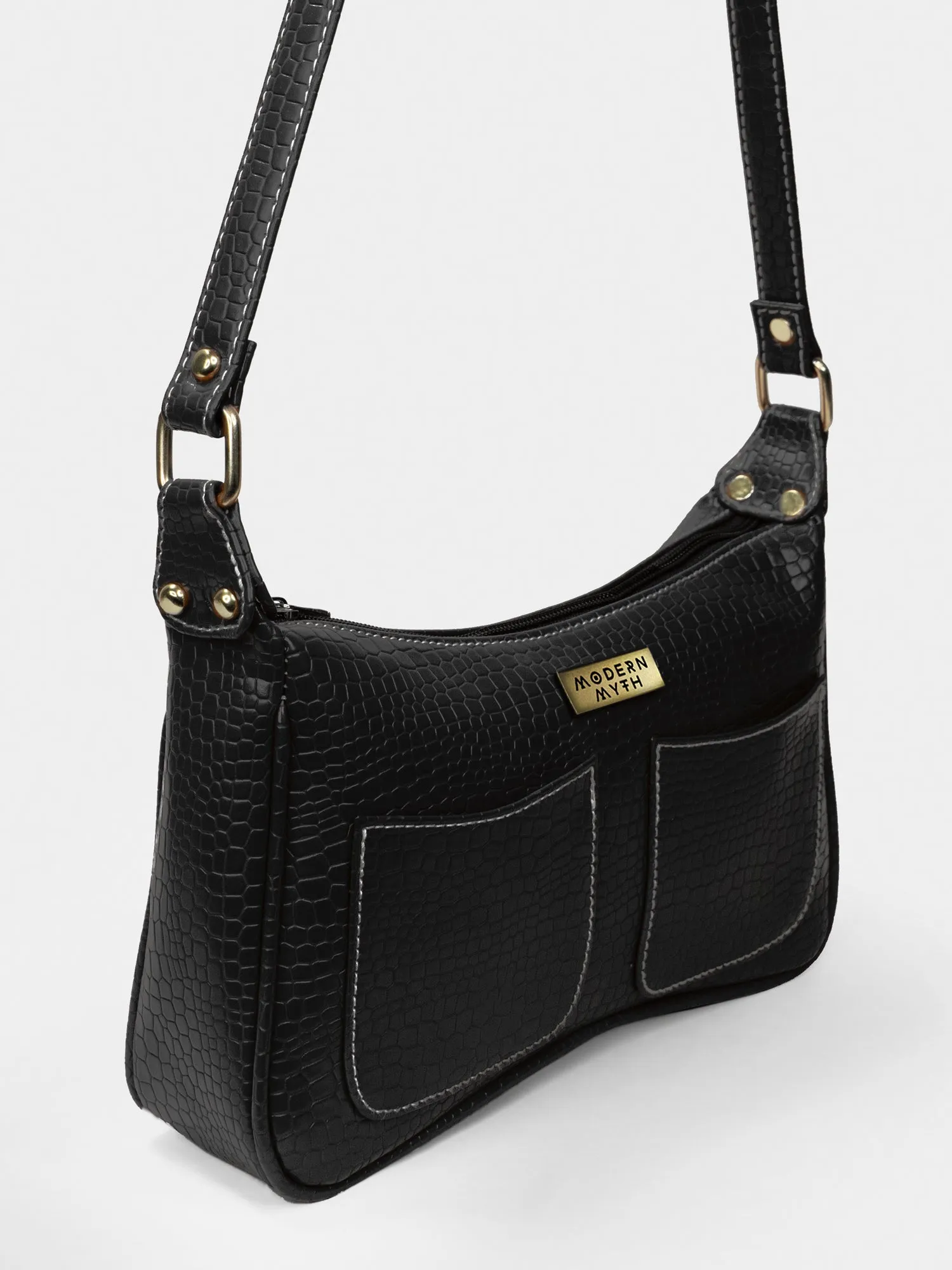 Black Retro Shoulder Baguette With Twin Pockets | Modern Myth