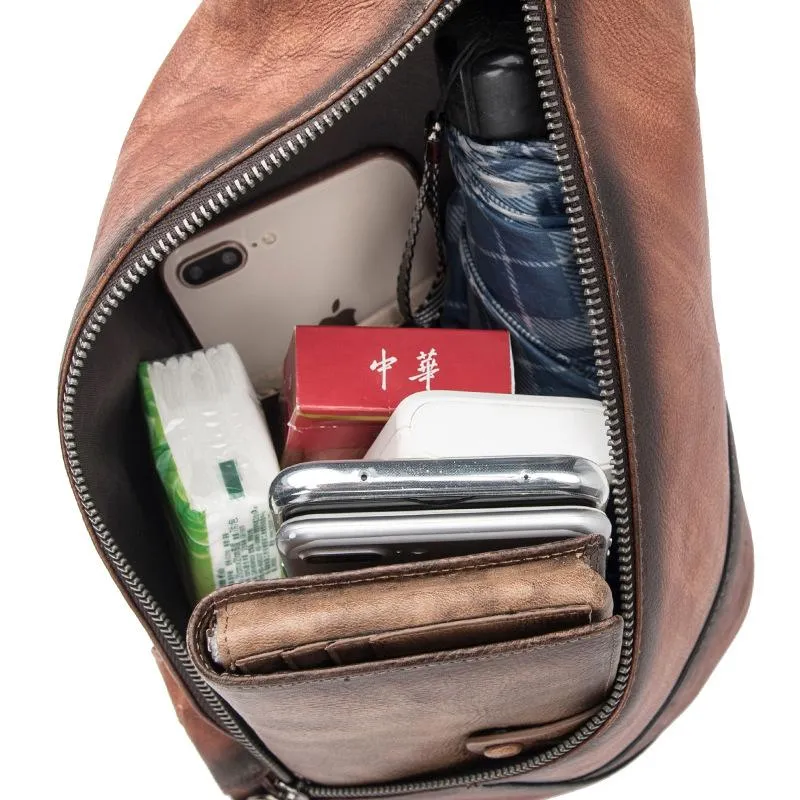 Brown Cool LEATHER MENS Retro Tan Sling Bag One Shoulder Backpack Blue Chest Bags For Men