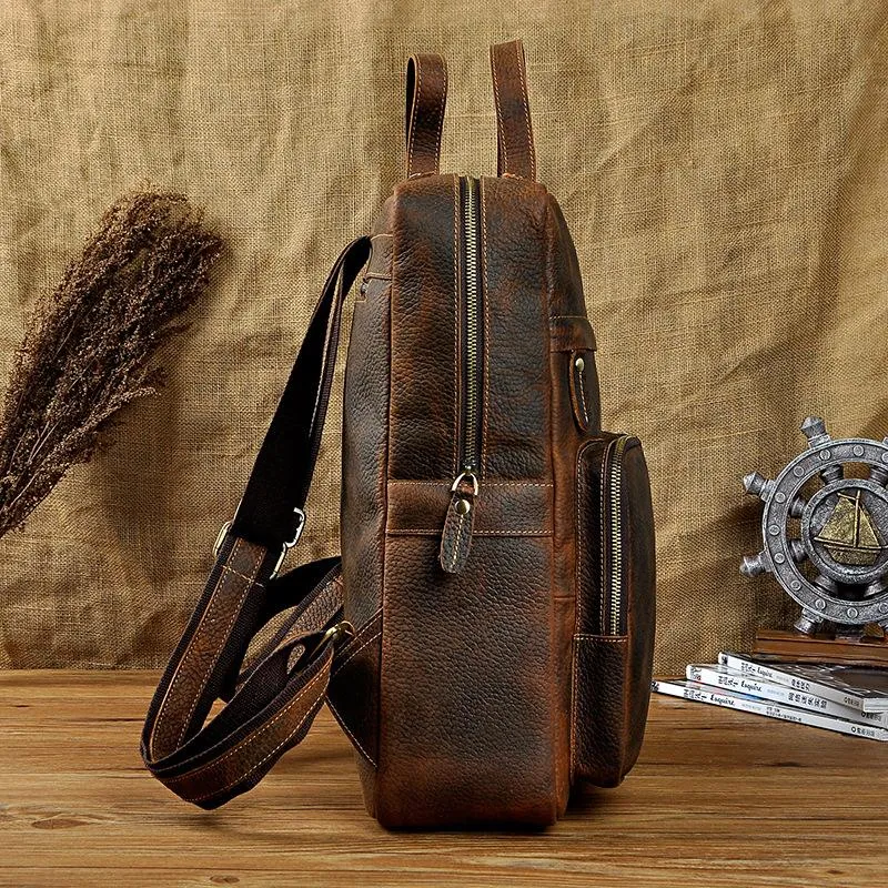 Casual Coffee Men's 15 inches Leather Laptop Backpack Computer Backpack School Backpacks For Men