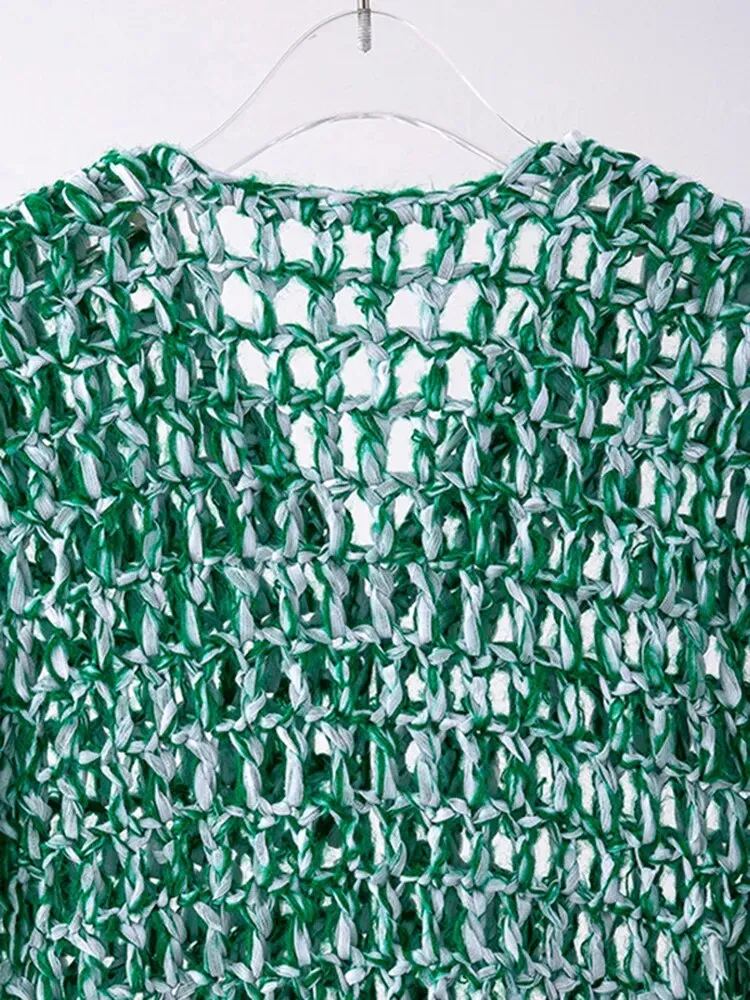 Casual Green Sweaters For Women V Neck Long Sleeve Patchwork Single Breasted Loose Sweater Female Fashion Clothes