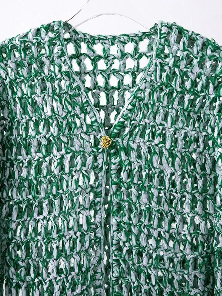 Casual Green Sweaters For Women V Neck Long Sleeve Patchwork Single Breasted Loose Sweater Female Fashion Clothes