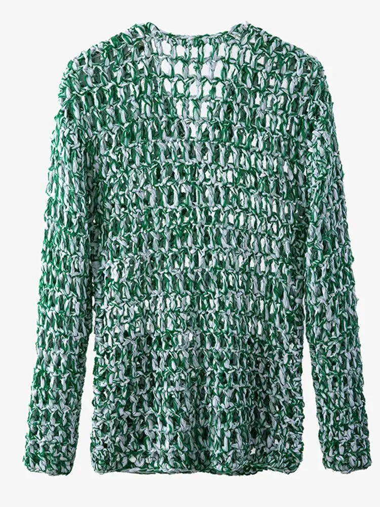 Casual Green Sweaters For Women V Neck Long Sleeve Patchwork Single Breasted Loose Sweater Female Fashion Clothes