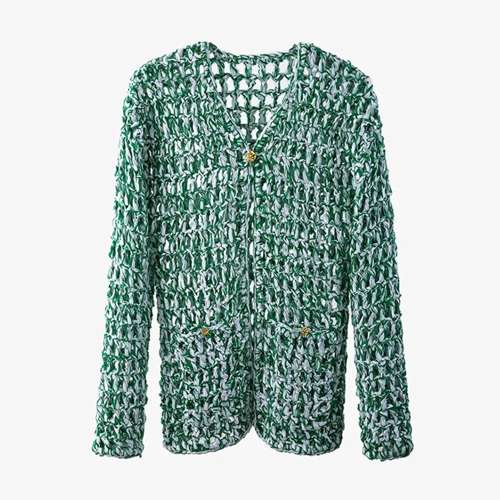 Casual Green Sweaters For Women V Neck Long Sleeve Patchwork Single Breasted Loose Sweater Female Fashion Clothes