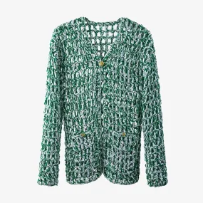 Casual Green Sweaters For Women V Neck Long Sleeve Patchwork Single Breasted Loose Sweater Female Fashion Clothes
