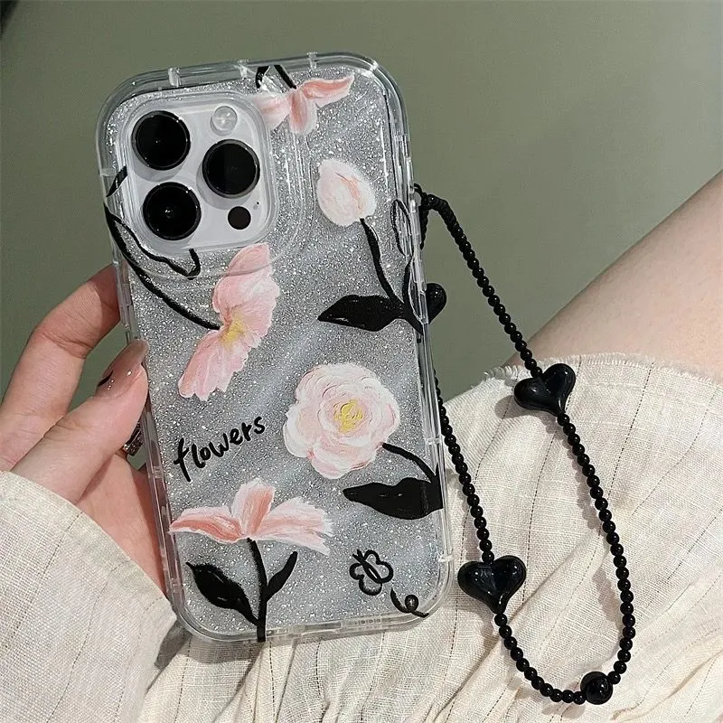 Dual Bling Glitter Transparent Flower Lanyard Charm iPhone Soft Case