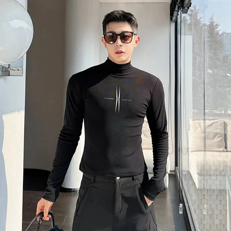 Elastic Close-fitting Men's Printing Long Sleeve T-shirts Korean Fashion Male Niche Design Mock Neck Spring 9C3706