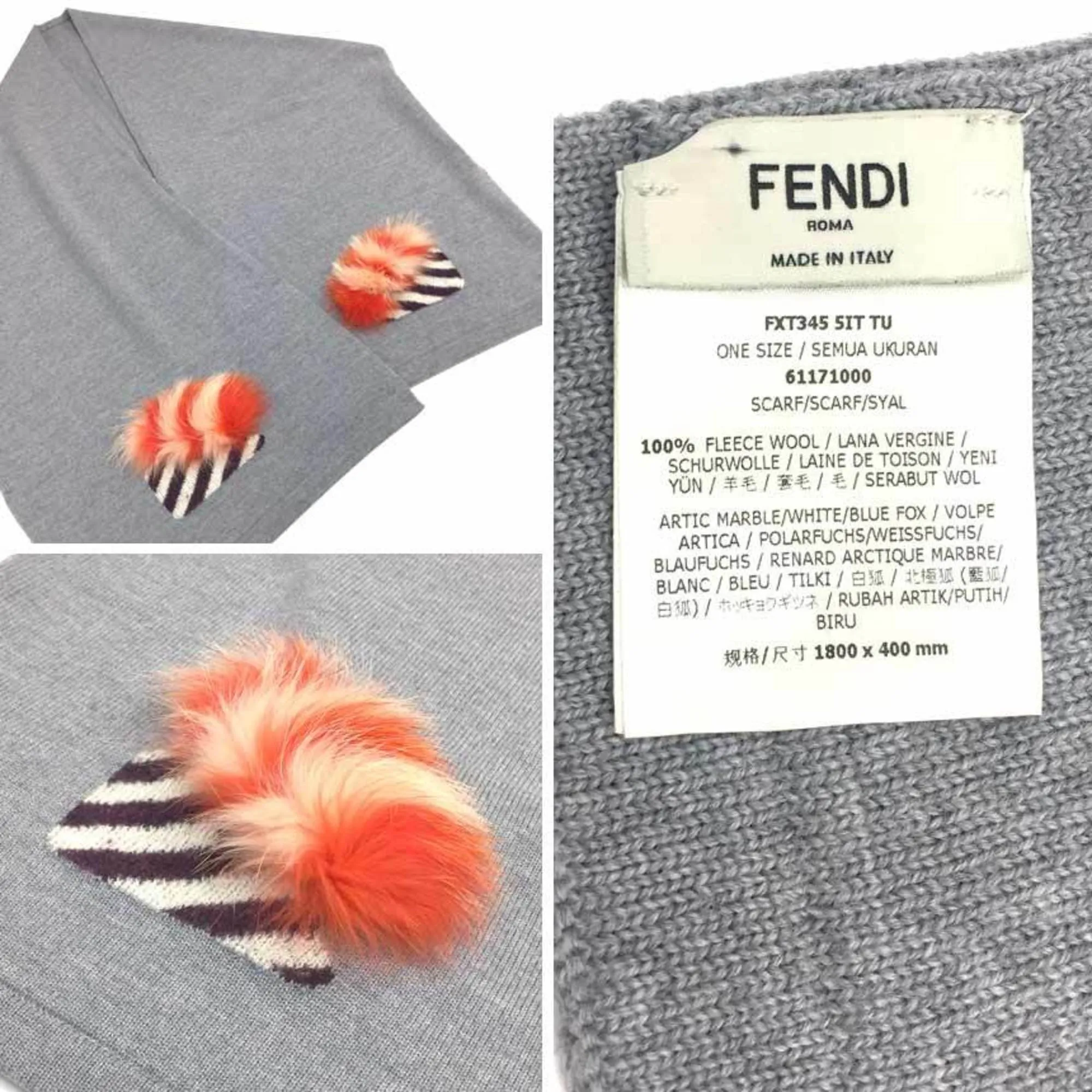 FENDI Monster Muffler Stole Shawl Gray Ladies