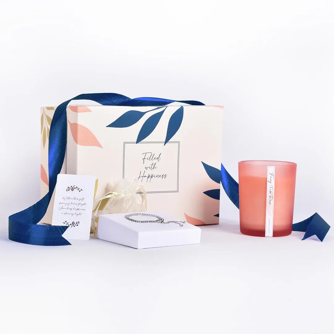 Gleevers Birthday Gift for Women|Gift Box Pack of 2 with Candle (Fairy Tale Rose,250 gm) & Tennis Bracelet|Anniversary Gift for Wife, Mothers Day Gift for Mom, Birthday Gift for Mother