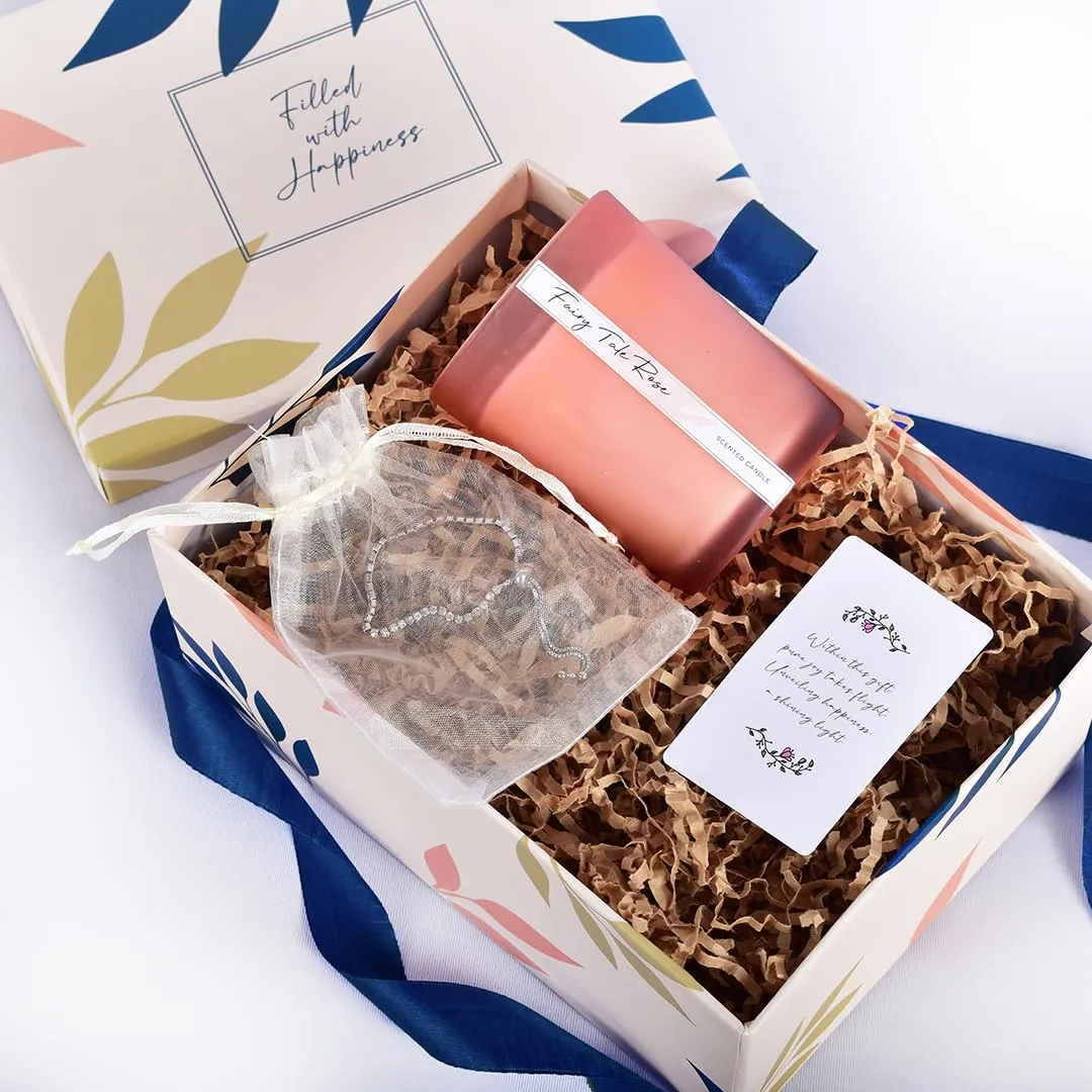 Gleevers Birthday Gift for Women|Gift Box Pack of 2 with Candle (Fairy Tale Rose,250 gm) & Tennis Bracelet|Anniversary Gift for Wife, Mothers Day Gift for Mom, Birthday Gift for Mother