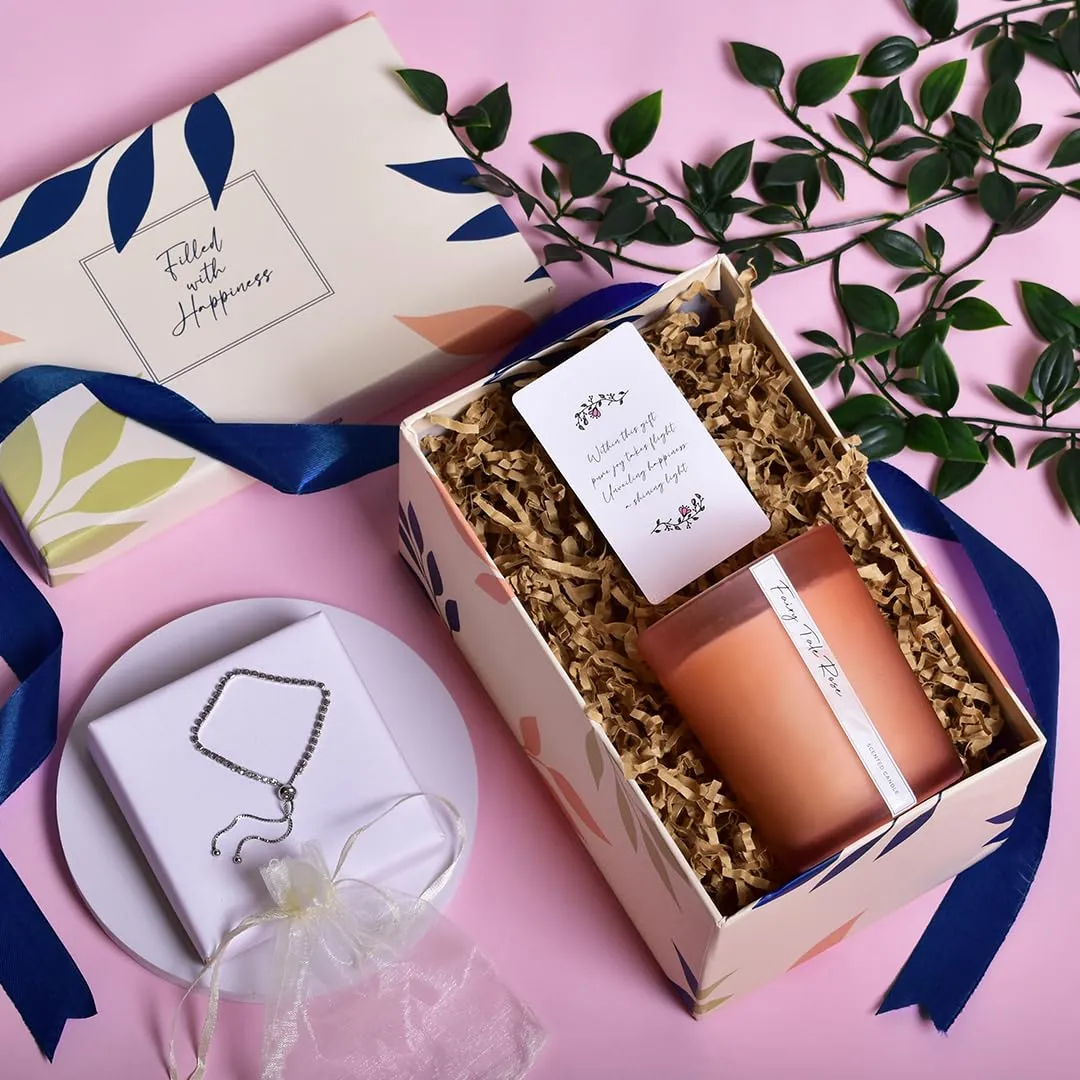 Gleevers Birthday Gift for Women|Gift Box Pack of 2 with Candle (Fairy Tale Rose,250 gm) & Tennis Bracelet|Anniversary Gift for Wife, Mothers Day Gift for Mom, Birthday Gift for Mother