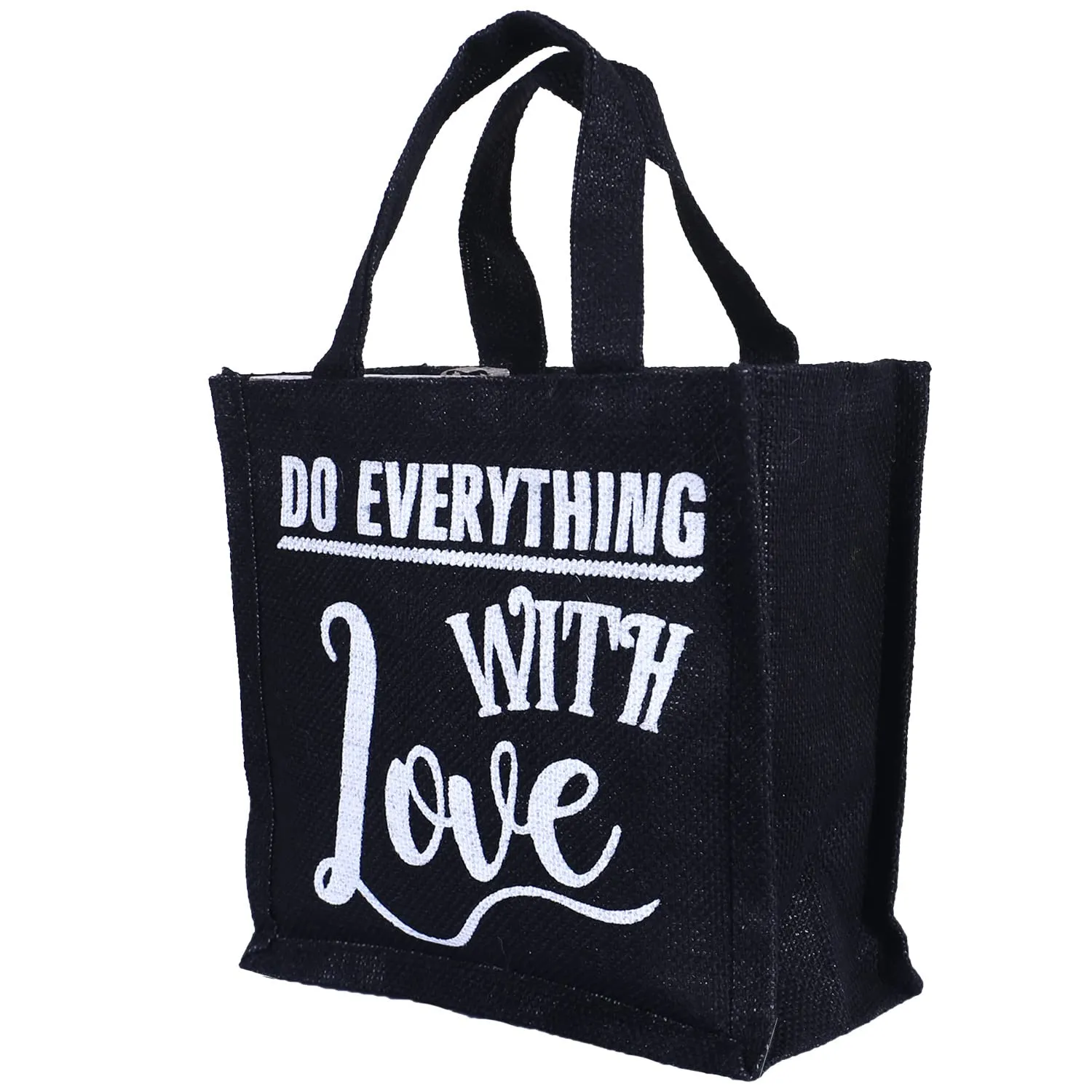 Heart Home Lunch Bag|Reusable Jute Fabric Tote Bag|Do Everything with Love Print Tiffin Carry Hand Bag with Handle for Office,School,Gift,Pack of 2 (Black)