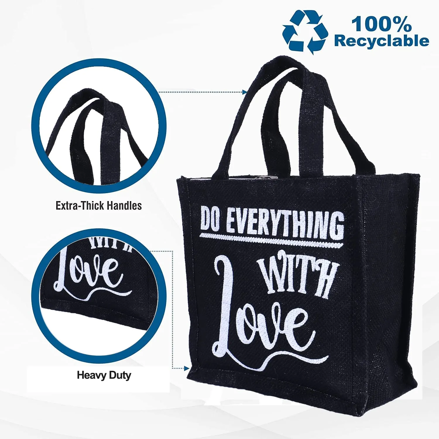 Heart Home Lunch Bag|Reusable Jute Fabric Tote Bag|Do Everything with Love Print Tiffin Carry Hand Bag with Handle for Office,School,Gift,Pack of 2 (Black)