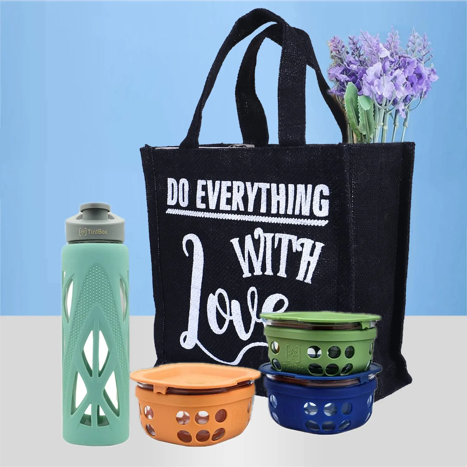 Heart Home Lunch Bag|Reusable Jute Fabric Tote Bag|Do Everything with Love Print Tiffin Carry Hand Bag with Handle for Office,School,Gift,Pack of 2 (Black)