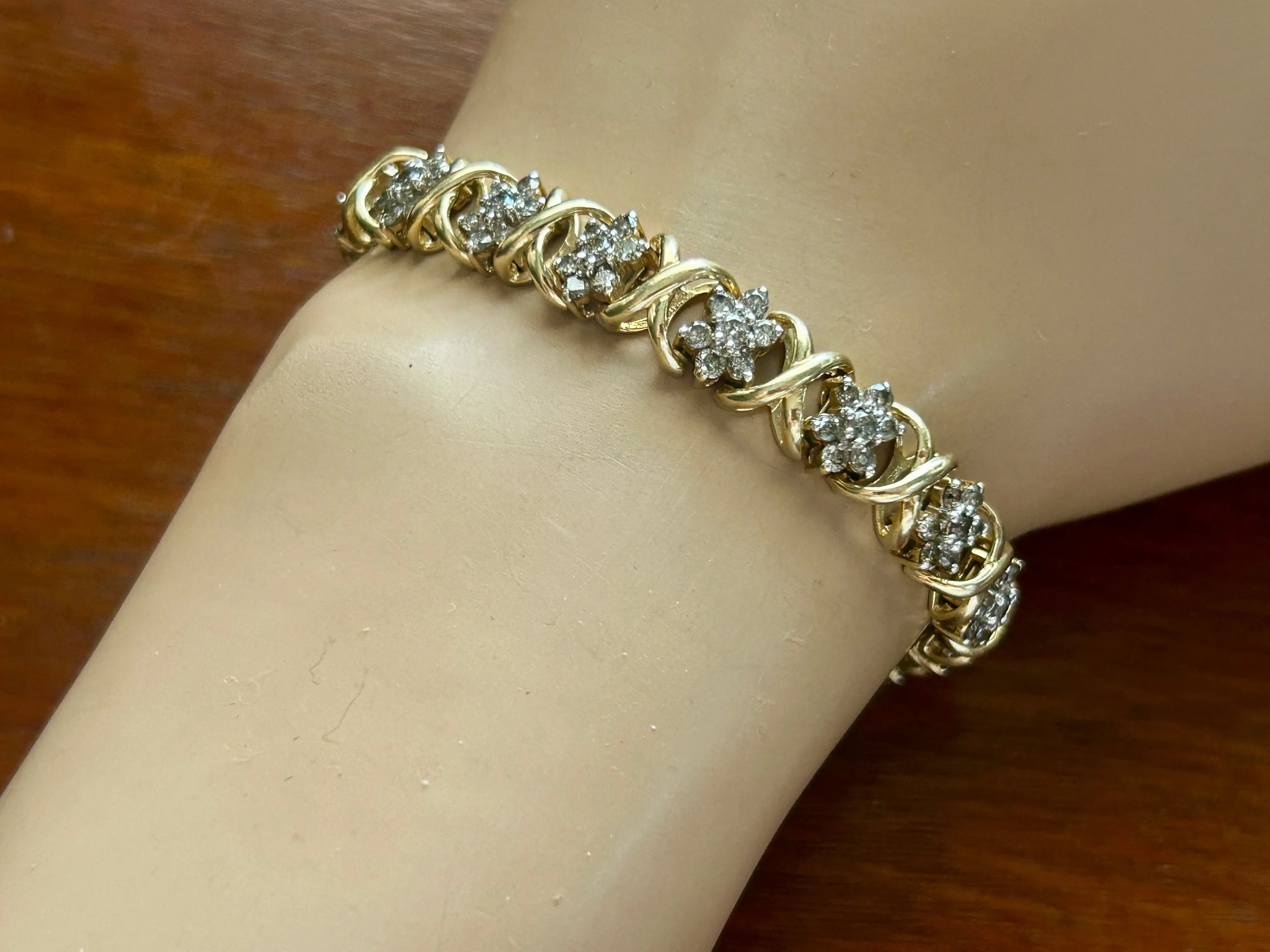 HEAVY 14k Yellow Gold X Design 3.5ctw Diamond Tennis Bracelet Signed JAFA