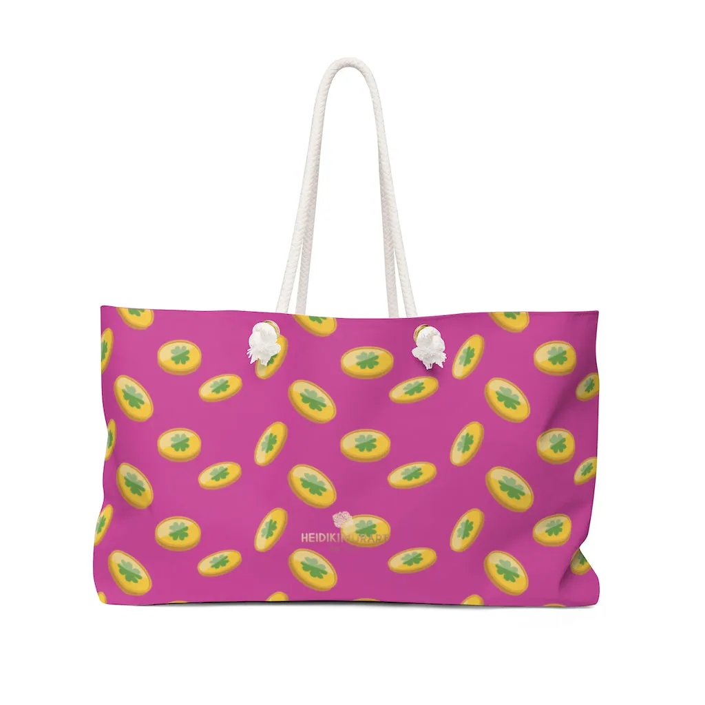 Hot Pink Gold Coins Tote Bag, St. Patrick's Day Irish Print 24"x13"Weekender Bag- Made in USA