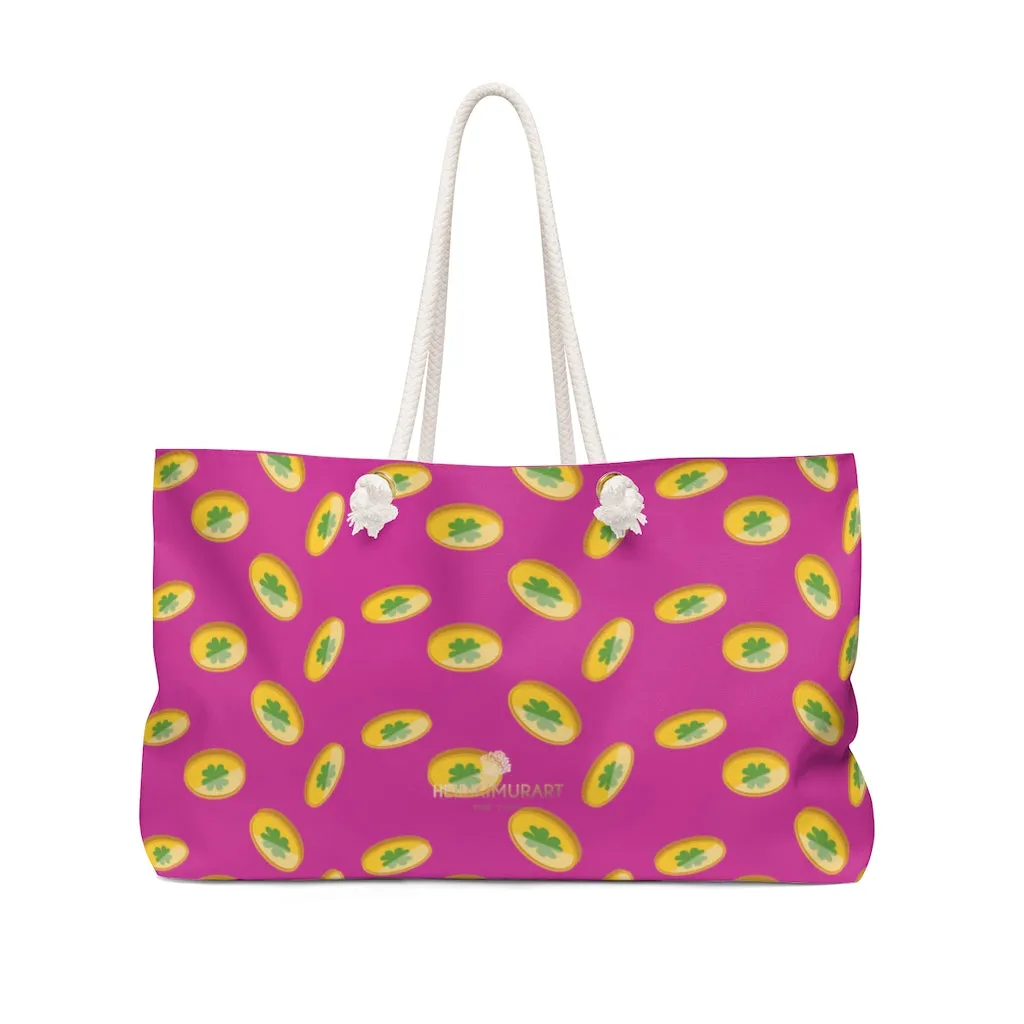 Hot Pink Gold Coins Tote Bag, St. Patrick's Day Irish Print 24"x13"Weekender Bag- Made in USA
