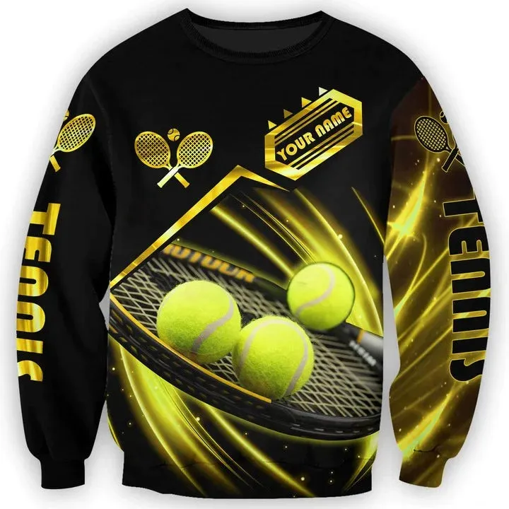 Personalized 3D Tennis T Shirt Black Gold Pattern Tennis Player Shirt, Gift For Tennis Lover Tennis Player