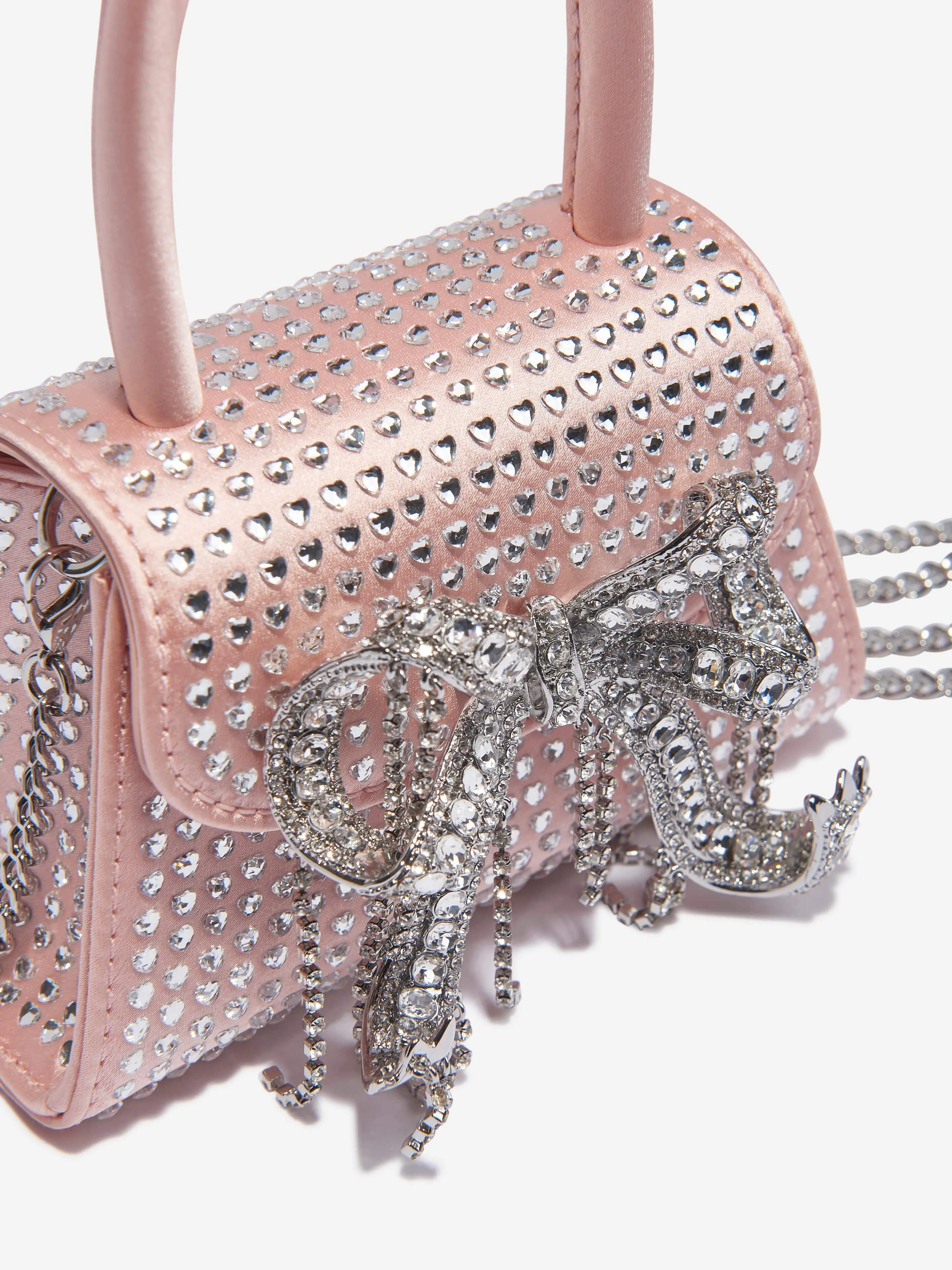 Self Portrait Girls Satin Heart Rhinestone Micro Bow Bag in Pink