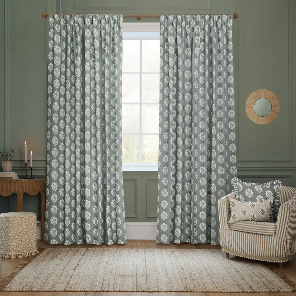 Sessile Leaf Motif Pencil Pleat Curtains Delph Blue