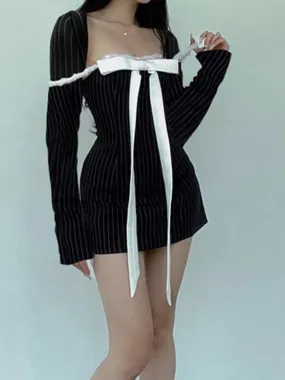 Square Neck Long Sleeve Stripe Print Front Bow Party Mini A-Line Casual Summer Dress