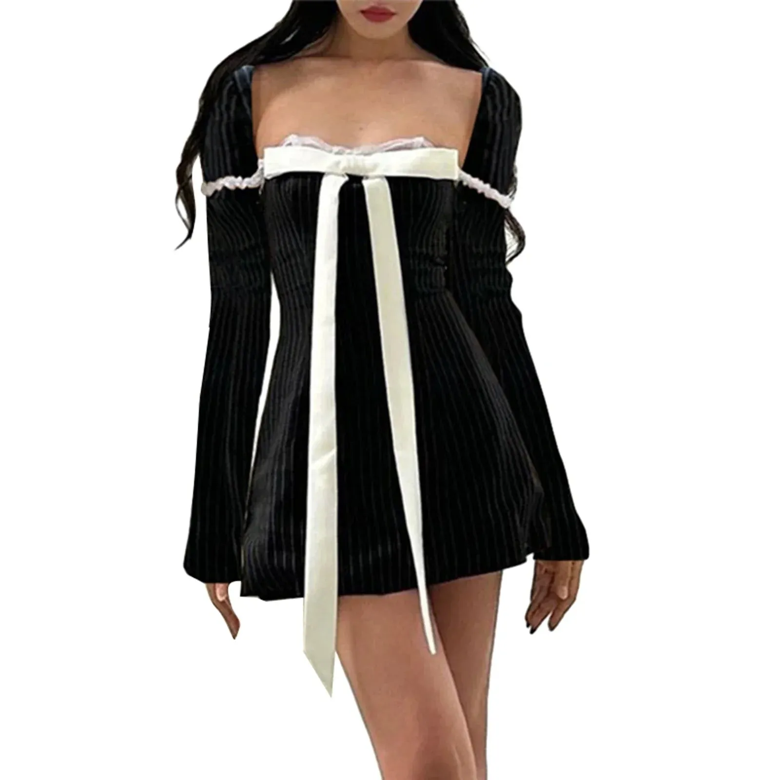 Square Neck Long Sleeve Stripe Print Front Bow Party Mini A-Line Casual Summer Dress