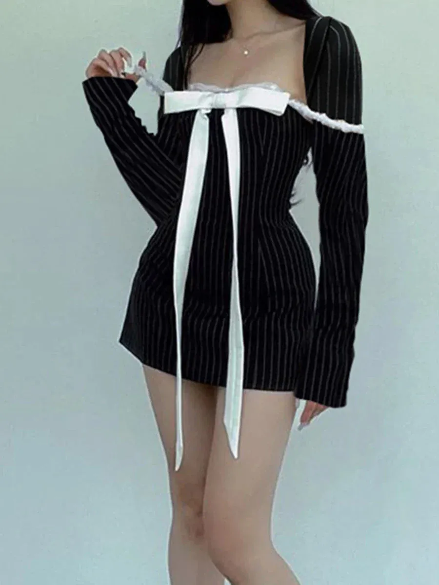 Square Neck Long Sleeve Stripe Print Front Bow Party Mini A-Line Casual Summer Dress