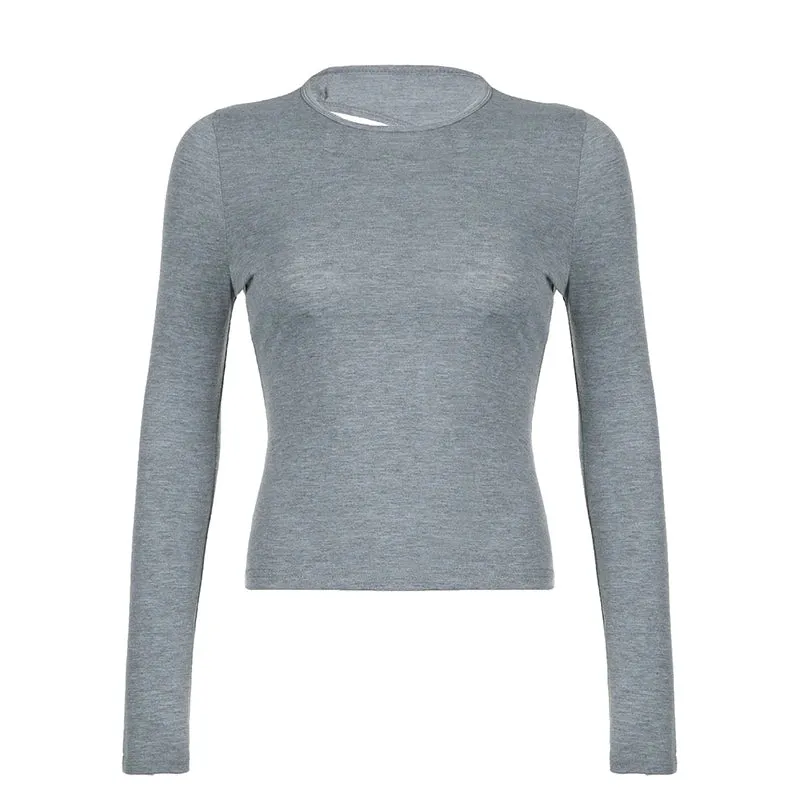 Streetwear Backless Skinny Women T-shirts Sexy Basic Solid Long Sleeve Fashion Top Party Grey Spring Autumn Tee Shirt