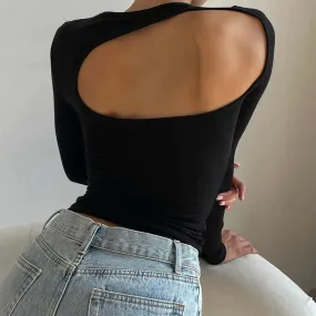 Streetwear Backless Skinny Women T-shirts Sexy Basic Solid Long Sleeve Fashion Top Party Grey Spring Autumn Tee Shirt