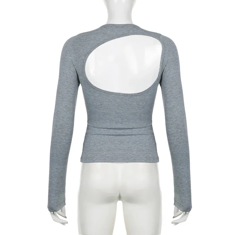 Streetwear Backless Skinny Women T-shirts Sexy Basic Solid Long Sleeve Fashion Top Party Grey Spring Autumn Tee Shirt