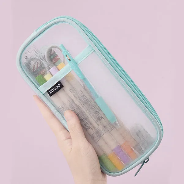 Transparent Mesh Zipper Large Pencil Case