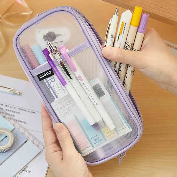 Transparent Mesh Zipper Large Pencil Case