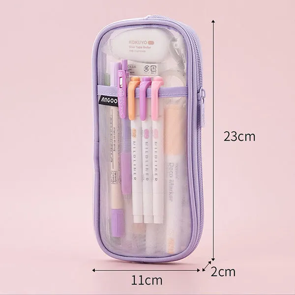 Transparent Mesh Zipper Large Pencil Case