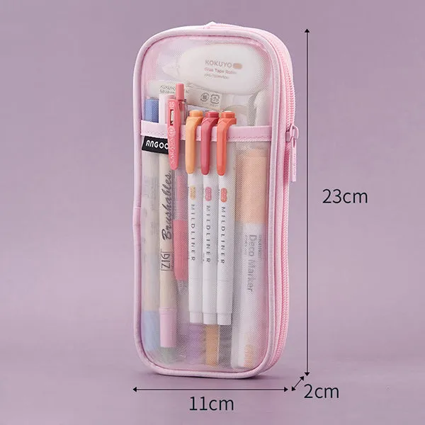 Transparent Mesh Zipper Large Pencil Case